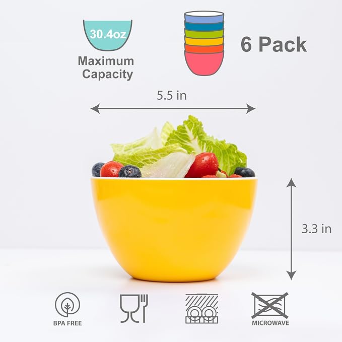 Set of 6 Large Bowls, 5.5-Inch 30.4 OZ ColorPop Melamine Bowls, Unbreakable - Image 6