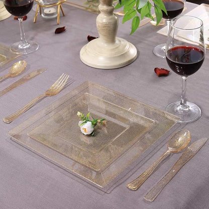 Liacere 60Pieces Gold Glitter Plastic Plates - Premium Square Disposable - Include 30PCS 9.5inch Gold Dinner - 30PCS 7inch Gold Dessert/Salad Plates for Party&Wedding&Christmas