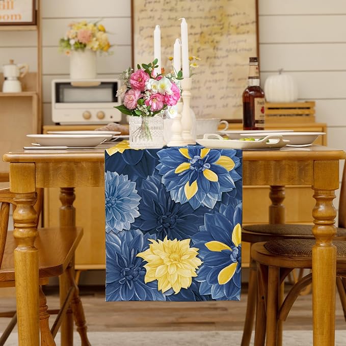 Blue Yellow Dahlia Flower Summer Table Runner Blue Yellow Gray Burlap Table - Image 3