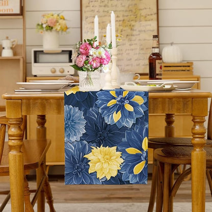 Blue Yellow Dahlia Flower Summer Table Runner Blue Yellow Gray Burlap Table - Image 3