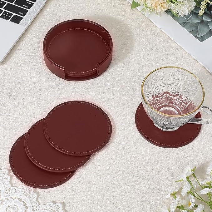 6PCS PU Leather Drink Coasters Red Round Table Coasters - Image 3