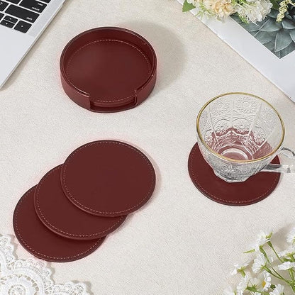 6PCS PU Leather Drink Coasters Red Round Table Coasters - Image 3