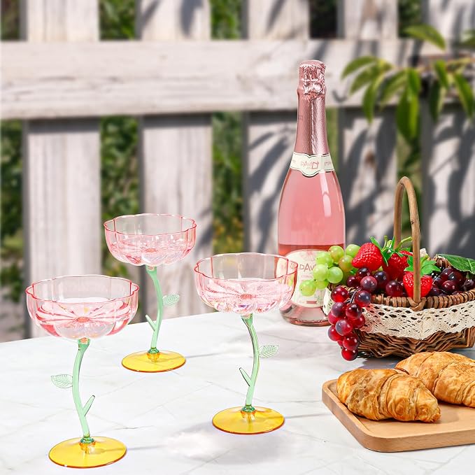12 Pcs Pink Plastic Ribbed Coupe Glasses Detachable 7oz Flower Cocktail Glasses - Image 6