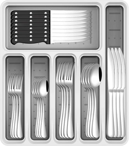 49-Piece Silverware Set with Organizer, Stainless Steel Flatware Utensils Set by JUNLIN