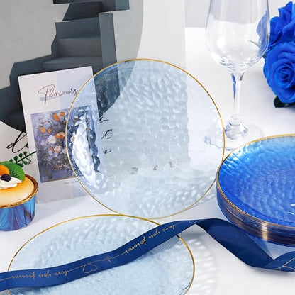 Rubtlamp 60 Pcs Blue Gold Plastic Plates, Hammered Plastic Dessert/Salad Plates, 7-Inch Blue Dessert Platos,Appetizer Platos Disposable Perfect For Wedding