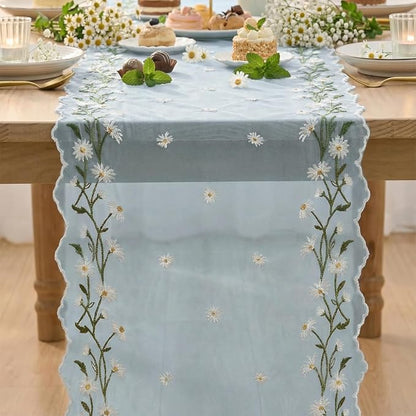 Artoid Mode Daisy Floral Sky Blue Shaped Gauze Embroidery Table Runner 120 Inch - Image 2