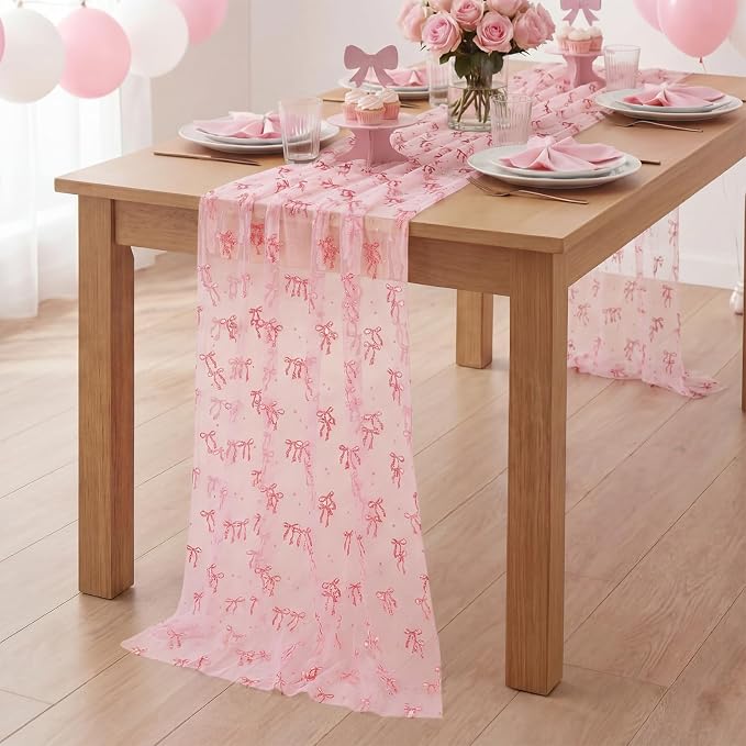 4 Pcs Pink Bow Table Runners 29 x 70 Inch Pink Tulle Lace Table Runner Coquette - Image 5