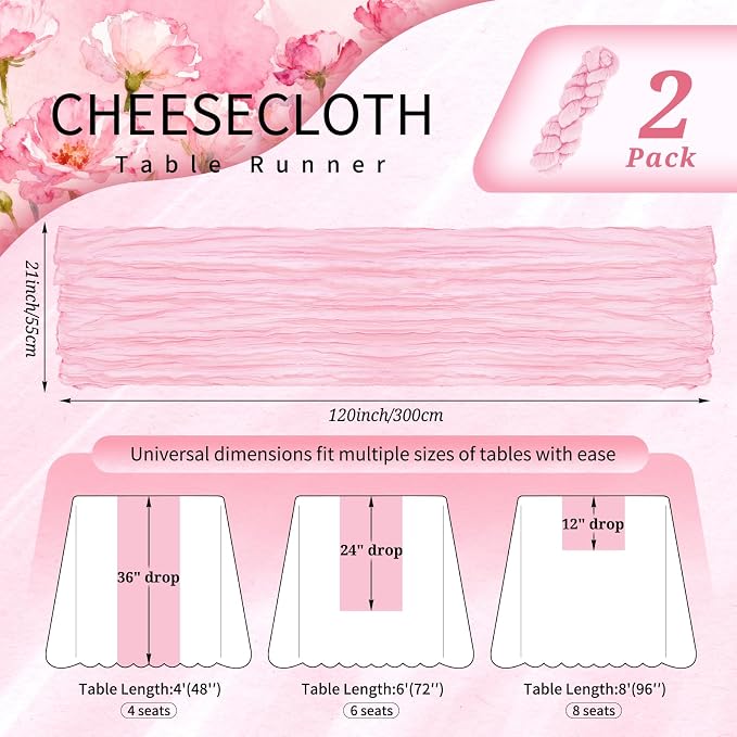 Showgeous 2 Pack Light Pink Cheesecloth Table Runners Boho Wedding Decor | - Image 2