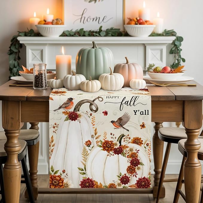 White Pumpkins Fall Table Runner 72 Inches Long, Thanksgiving Harvest Table - Image 7