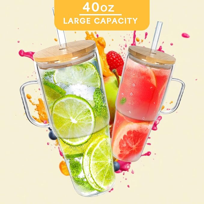 ANOTION Glass Cups with Lids and Straws - 40 Oz Tumbler with Handle and Straw - Image 3
