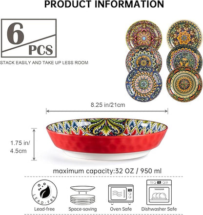Henten Home 32 oz Porcelain Pasta Bowls Set, Salad Bowl Set of 6, Ceramic Dinner Serving Bowls for Soup, Cereal, Fruit, Bohemia Style, Microwave & Dishwasher Safe