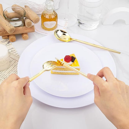 PULOTE 150PCS Gold Plastic Silverware Disposable - Heavy Duty Gold Plastic Cutlery - Gold Plastic Utensils Set Include 50 Knives,50 Forks,50 Spoons for Party&Wedding