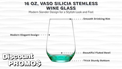 DISCOUNT PROMOS 10 Vaso Silicia Stemless Wine Glasses Set, 16 oz. - Clear, Orb-Like, Thick base - Green