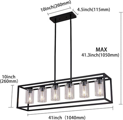 XILICON Dining Rooms Black Chandeliers,Kitchen Island Farmhouse Lighting Fixture Industrial Rustic Ceiling Hanging 6 Light Modern Pendant Light with Glass Shade