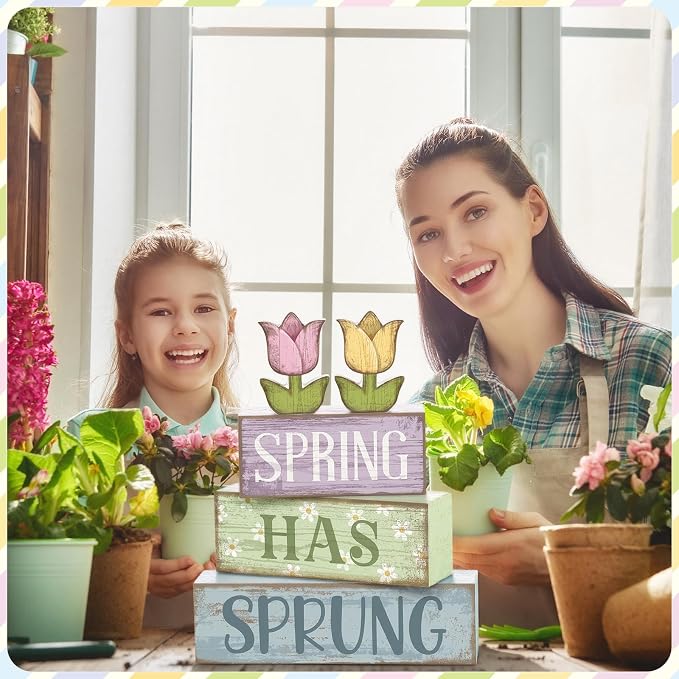 Moucuny 4 Pcs Spring Table Decorations Wooden Stacked Block Sign - Image 4