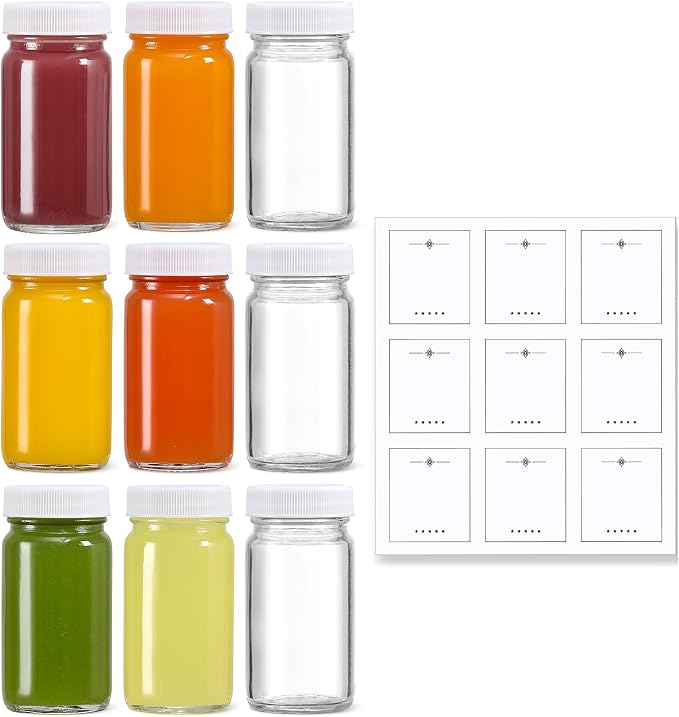 9 Pack 2 oz Glass Shot Bottles w/ White Lids & 9 Labels by MakeLifeBetterEasier