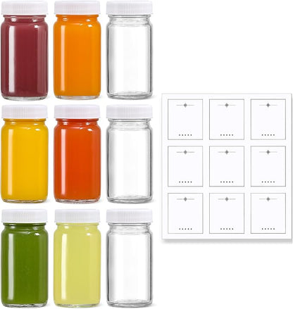 9 Pack 2 oz Glass Shot Bottles w/ White Lids & 9 Labels by MakeLifeBetterEasier