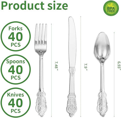 N9R 120PCS Silver Plastic Silverware, Heavy Duty Plastic Cutlery for Parties, Fancy Disposable Flatware Set Includes 40 Forks, 40 Spoons, and 40 Knives, Perfect for Weddings, Dinners, Picnics, Party