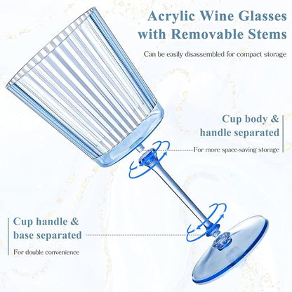 24 PCS Blue Ribbed Plastic Wine Glasses 13.5 OZ Ribbed Wine Glasses Detachable Wine Glass Elegant Fluted Glassware Vintage Style for Wedding Anniversary Birthday Dinner Parties(Blue, 24 Pack)