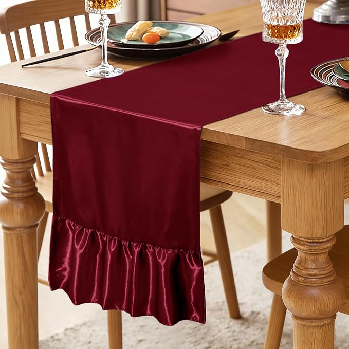 2 Pack Burgundy Satin Table Runner 12 x 108 Inch | Ruffle Design, Luxurious - Image 2