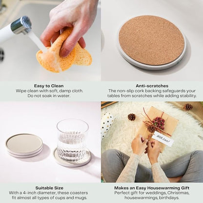 Set of 6 Beige Coasters with Holder, Absorbent Ceramic Drink Coasters with Cork - Image 4