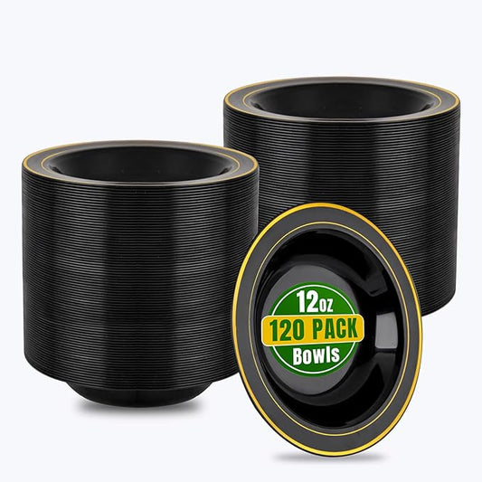bUCLA 120 Pack Disposable Plastic Bowls 12oz - Black with Gold Trim Plastic Party Bowls for Salad, Soup, Dessert, Picnic, Catering, Ideal for Party & New Year