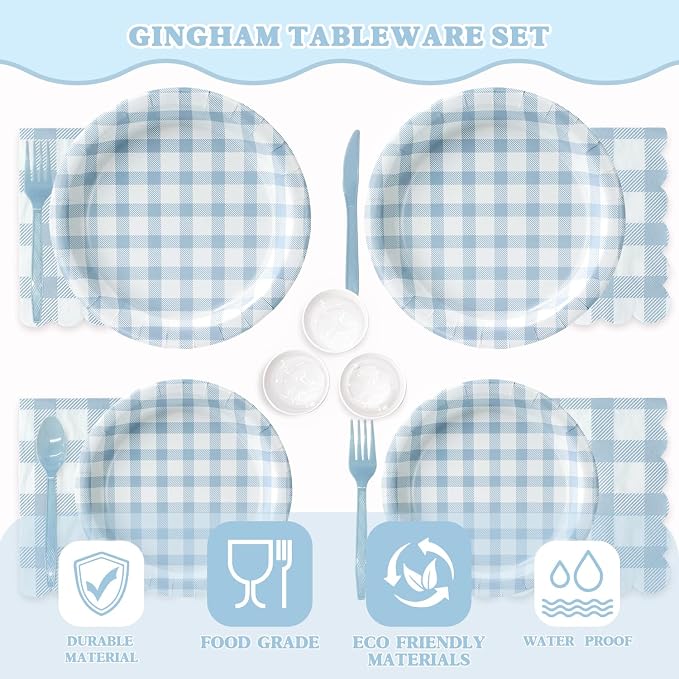 Vyntra 175 Pcs Blue & White Checkered Gingham Paper Plates and Napkins Set - Image 3