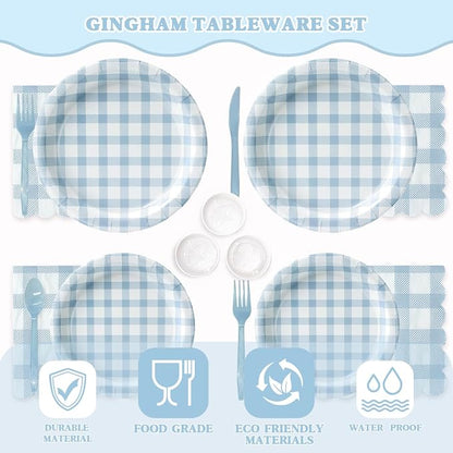 Vyntra 175 Pcs Blue & White Checkered Gingham Paper Plates and Napkins Set - Image 3