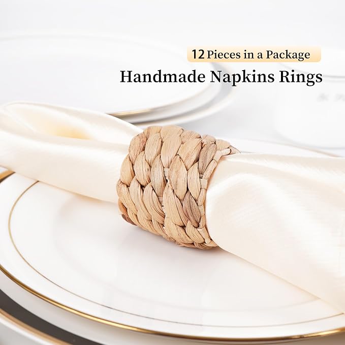 Napkin Rings Set of 12, Farmhouse Table Decor Handmade by Natural Water Hyacinth - Image 7