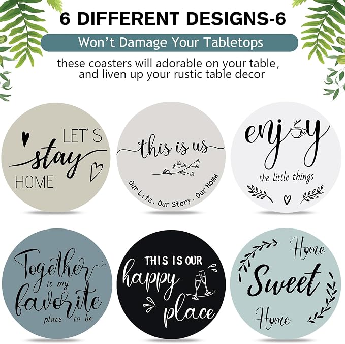 Queekay Coasters Set of 6 House Warming Gifts New Home Wooden Farmhouse Drink - Image 4