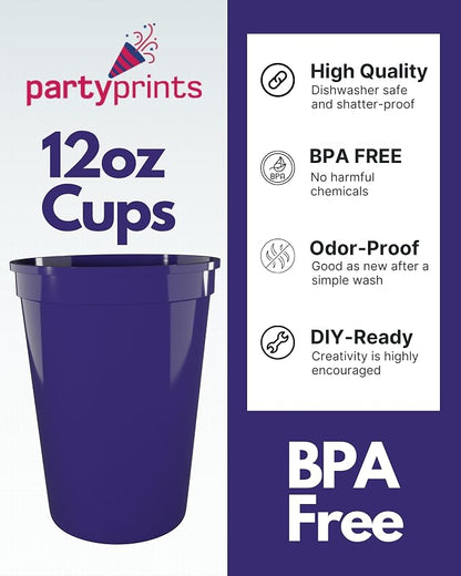 PartyPrints 100 Pack Small 10 to 12 oz Purple Reusable Blank Plastic Cups - Image 3