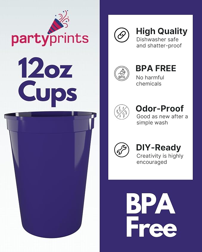 PartyPrints 10 Pack Small 10 to 12 oz Purple Reusable Blank Plastic Cups - Image 3