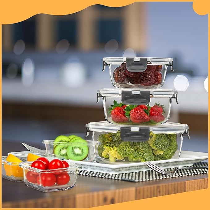 Skroam 15 Pack Glass Food Storage Containers with Lids Airtight, Glass Meal Prep Containers, Lunch Containers with Lids for Microwave, Oven, Freezer and Dishwasher Safe