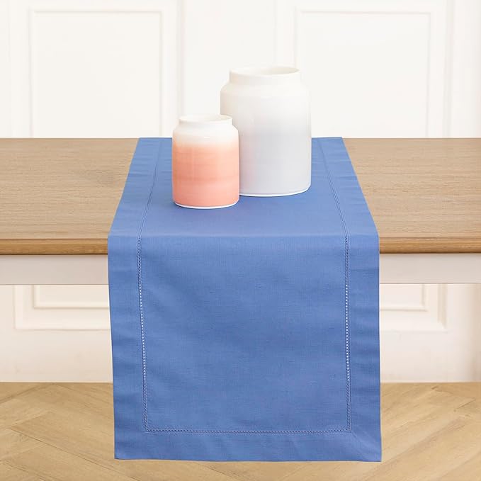 Solino Home Cotton Linen Table Runner Dusty Blue Hemstitch, 14 x 108 in | by SolinoHome