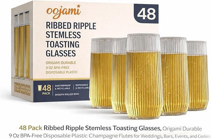 48 Pack Ribbed Ripple Stemless Toasting Glasses, Origami Durable 9 Oz BPA-Free Disposable Plastic Champagne Flutes for Weddings, Bars, Events, and Celebrations (Clear)