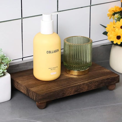 Amyhill Wood Pedestal Stand Kitchen Soap Tray Farmhouse Wooden Riser Stand for Kitchen Bathroom Counter Table Decor Plant Candle Vases Display (Dark Brown, 9 x 6 Inch)