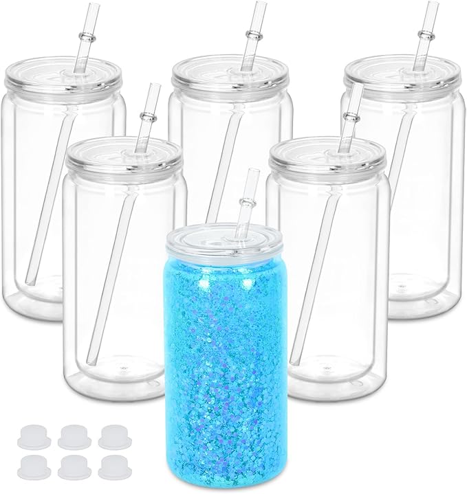 16 Oz Plastic Snowglobe Tumbler, 6 Pack Pre-Drilled Double Wall Plastic Clear by Maucircol