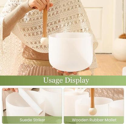 432HZ 7-11 Inch 3 Pcs White Frosted Crystal Singing Bowl Set for Meditation Healing Yoga Chakra Quartz Crystal Sound Bowls with Heavy Duty Carry Cases and Rubber Mallet,Suede Striker,O-rings