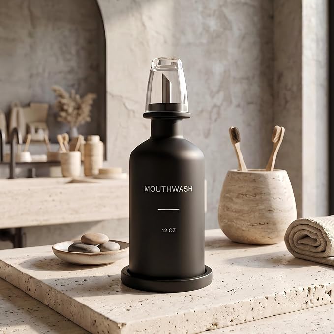 Glass Mouthwash Dispenser for Bathroom, Stainless Steel & Bamboo Nozzle - Image 2