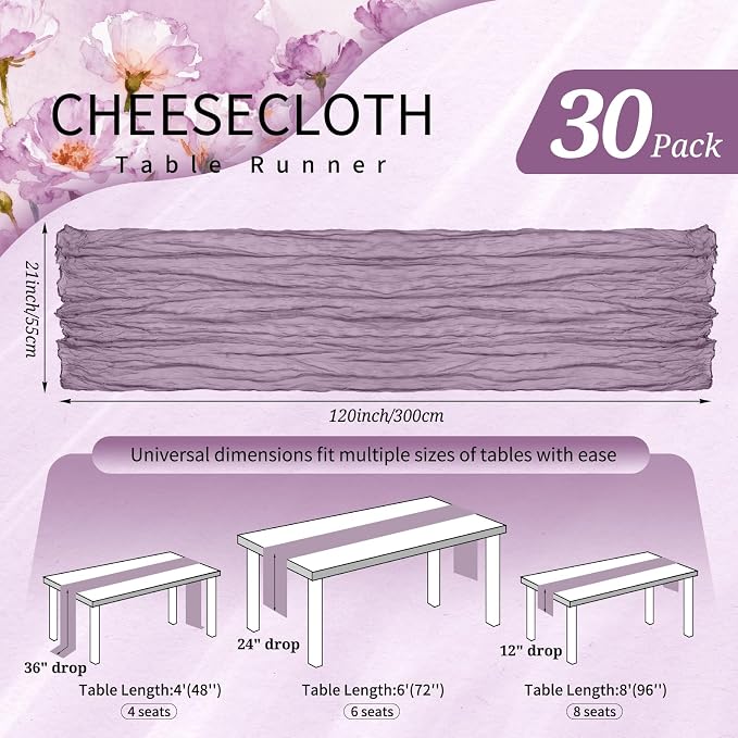 30 Pack Cheesecloth Table Runner 10FT Purple Table Runner Boho Gauze Cheese - Image 2