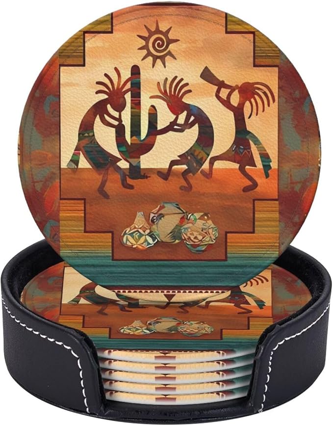 6 Pcs Southwest Kokopelli Native American Leather Coasters by CAPVKING