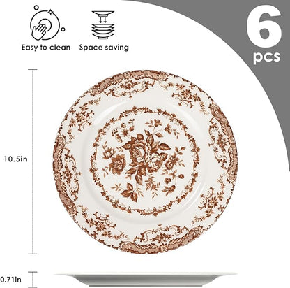 Dinner Plates Set of 6, Ceramic Kitchen Plates Microwave Safe Plates, 10.5 Inch Porcelain Dinner Plates Floral, Brown