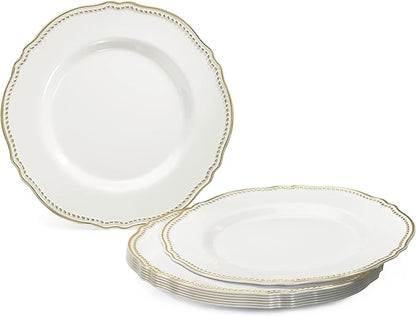 " OCCASIONS " 50 Plates Pack (25 Guests)-Heavyweight Wedding Party Disposable Plastic Plate Set -25 x 10.25'' Dinner + 25 x 7.5'' Salad/dessert plates (Rochelle White and Gold)