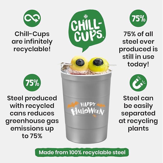 Steel Chill Cups 16 oz. Reusable Party Cups, Happy Halloween, 100% recyclable - Image 6
