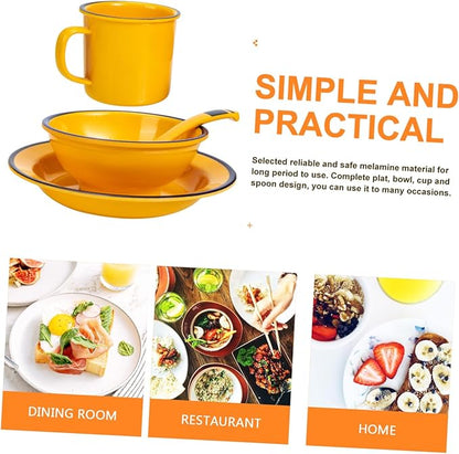 ERINGOGO Dinnerware Yellow Asian Style Rice Soup Bowls Plates Lightweight Tableware for Indoor Outdoor Use Easy to Clean and Portable