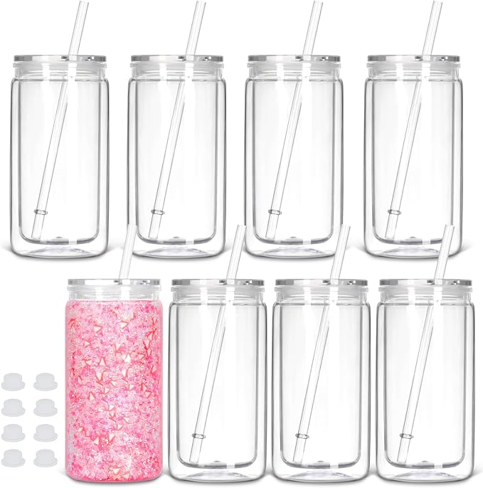 8 Pack plastic Snow Globe Tumbler, 16 Oz Double Wall Plastic Can by Tswofia