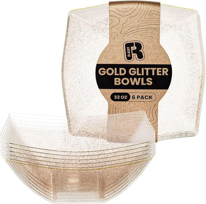 R-kay 6 Pack Gold Glitter Plastic Serving Bowls - 32 Oz Gold Plastic bowls - by R-KAY