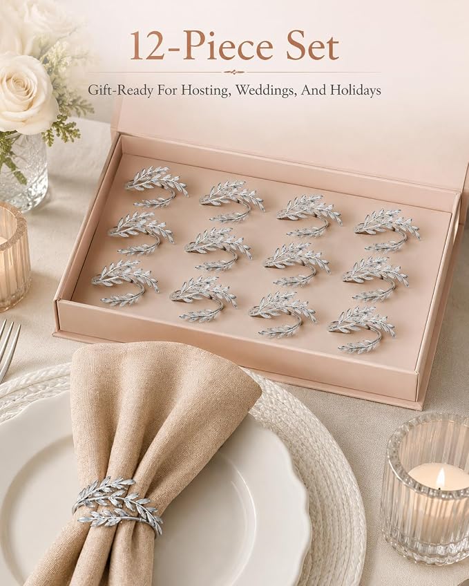 Silver Wheat Napkin Rings Set of 12, Metal Holders - Image 9