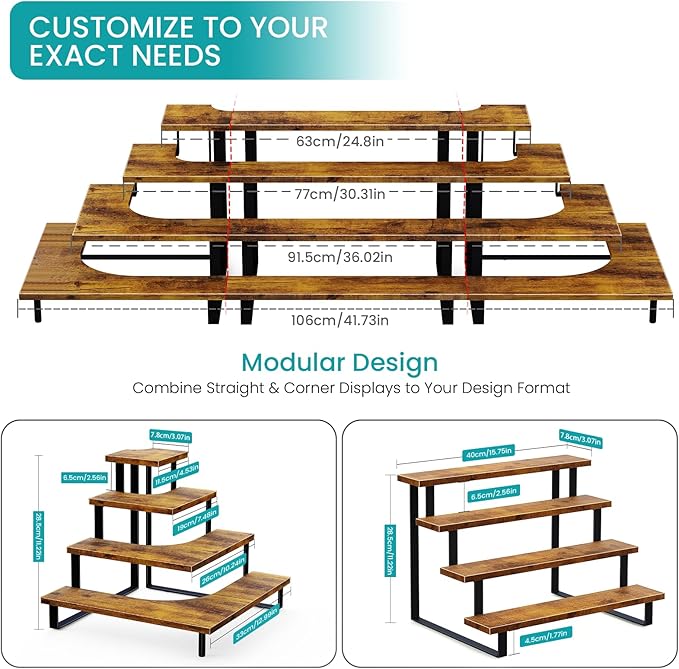 ELITEROO 4 Tier Riser Stand, Wooden Display Stands, Farmers Market Rack, Vendor Shelves for Craft Fair, Tumbler Candles, Perfume, Makeup, Right Angle Corner