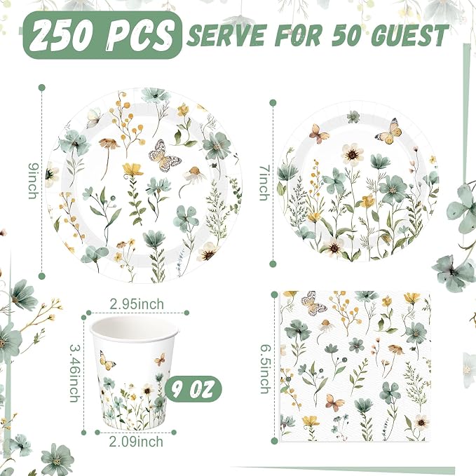 250 Pcs Wildflower Party Decorations Include Spring Summer Floral Paper Plates - Image 3